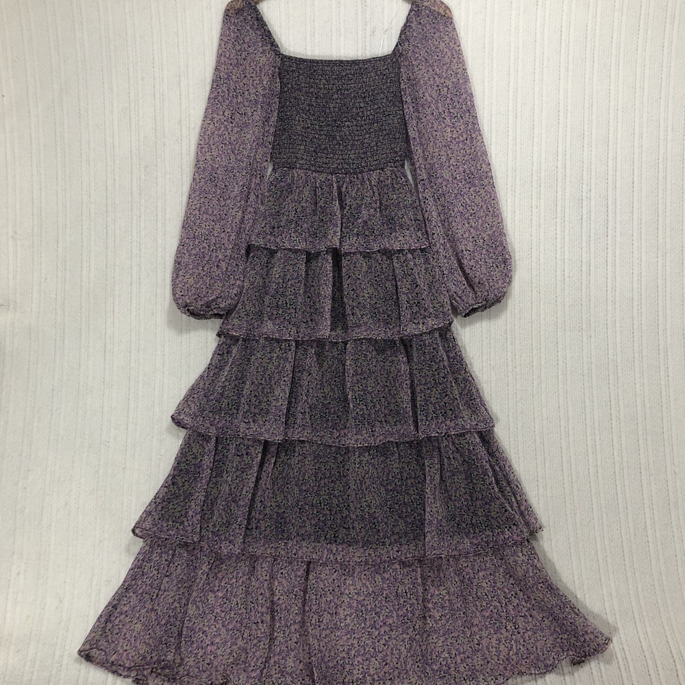 Jacquie The Label Dress Small Purple Floral Smocked Tiered Chiffon Prairie